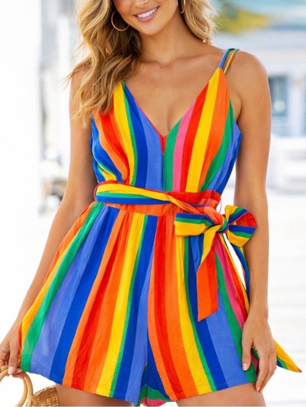 Gianni Bini B Bright Rainbow Striped V-Neck Summer Romper Size S Retro Festival